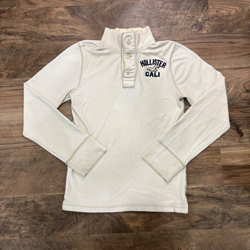 Vintage Y2K Hollister Pullover Mens S Cream Mock Neck Henley Logo Sweatshirt